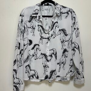 Jane & Delancey Horse Print Button Down Blouse Western Style Rayon Shirt Size S